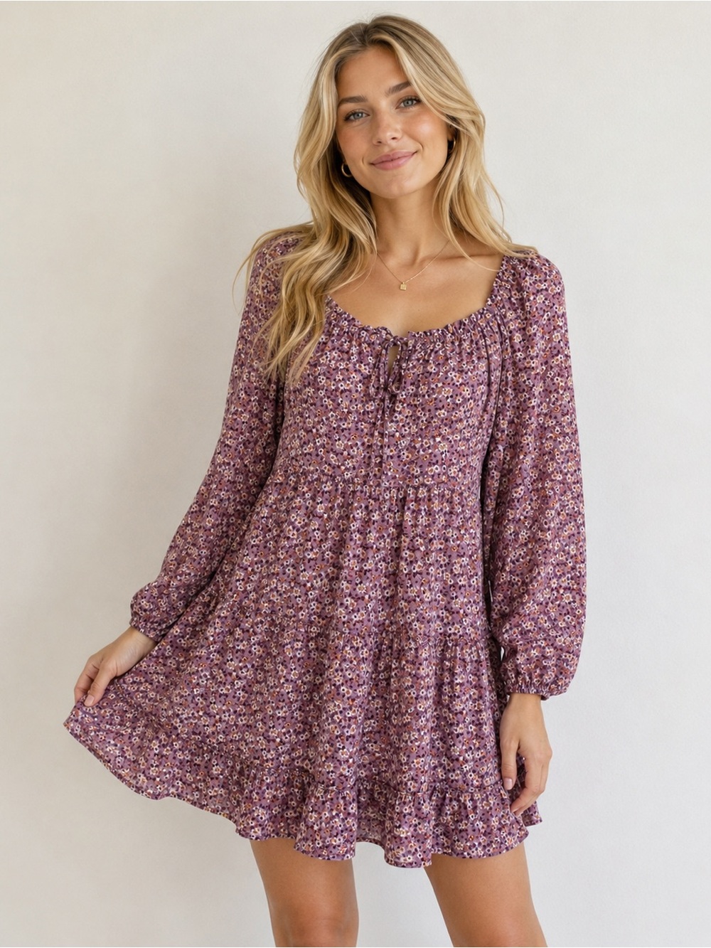 No Comment Floral Babydoll Mini Dress Purple Long Sleeve Tiered Boho, Medium